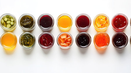 A flat lay of glass jars containing a variety of preserves including jams, pickled vegetables, and honey, arranged neatly on a white background.の素材