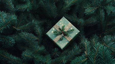 A festive background with a gift box placed by a lush pine tree, representing the joy and excitement of Christmas and holiday celebrations.の素材