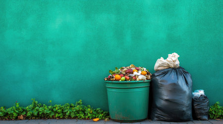 A compost bin with food waste such as fruit peels, next to a full garbage bag, positioned neatly against a green wall.の素材