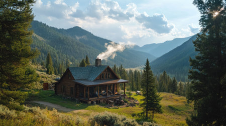 A rustic mountain cabin with smoke curling from the chimney, surrounded by pine trees and overlooking a scenic valley.の素材