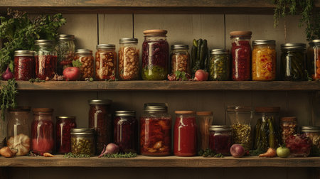 A selection of jars filled with various jams, fruity compotes, and pickled vegetables, arranged on a wooden shelf, highlighting preserved food beauty.の素材
