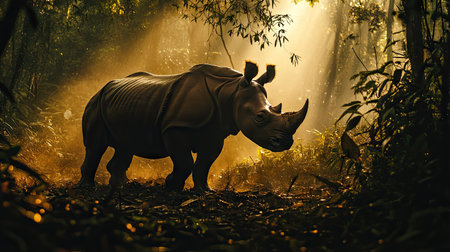 A critically endangered Javan rhinoceros moving through the dense Indonesian jungle, its thick skin and distinctive horn creating a dramatic silhouette.の素材
