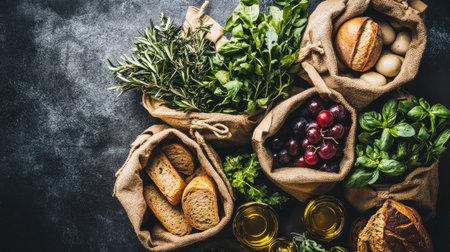 A top view of eco bags filled with healthy groceries such as greens, bread, fruits, and olive oil, showcasing the link between sustainability and healthy living.の素材