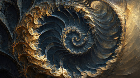 A dynamic abstract representation of time with a black clock face, spiraling infinitely into a fractal pattern that symbolizes eternity.の素材