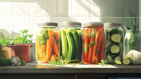 A set of jars filled with pickled vegetables like cucumbers and carrots, prepared for winter storage, placed on a kitchen counter with fresh herbs.の素材