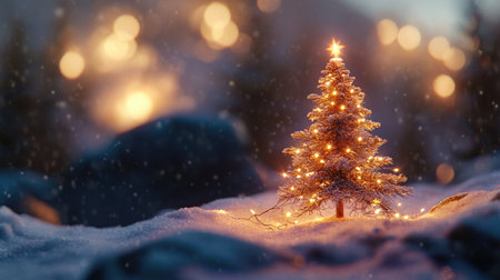 A small decorated Christmas tree with sparkling lights, placed on a snowy background, evoking a cozy, festive holiday vibe with a soft winter glow.の素材