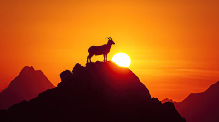 A solitary mountain goat silhouetted against the rising sun at the summit of a remote mountain peak.の素材