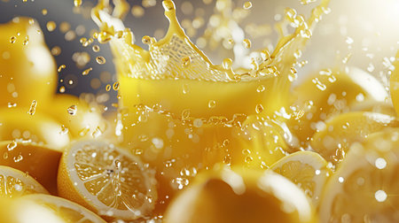 3D close-up of lemon juice splashing in a glass, surrounded by whole lemon fruits, focusing on the refreshing splash and citrusy appeal.の素材