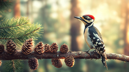 A Great Spotted Woodpecker perched on a pine branch, with a scattering of cones and a peaceful forest backgroundの素材