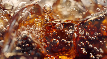 3D close-up of a cola stream flowing over ice cubes, capturing the lively bubbles and chilled effect with this inviting photo.の素材