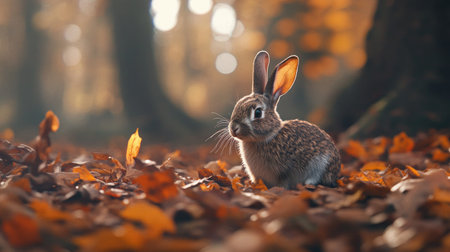 A European rabbit sitting among fallen leaves in an autumnal Spanish woodland, with warm colors filling the scene.の素材