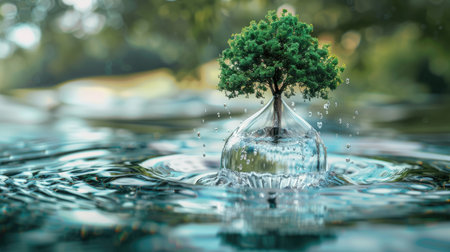3D depiction of a tree growing inside a water droplet, representing water conservation efforts with this inviting photo.の素材