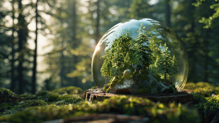 3D depiction of a forest encapsulated in a glass dome, highlighting the need for forest conservation with this inviting photo.の素材