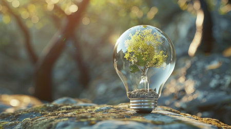 3D model of a light bulb with a tree growing inside, representing innovative green energy solutions with this inviting photo.の素材