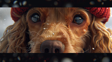 3D close-up of a happy cocker spaniel in a festive hat, capturing the dog's joyful eyes and detailed textures of the hat and fur.の素材