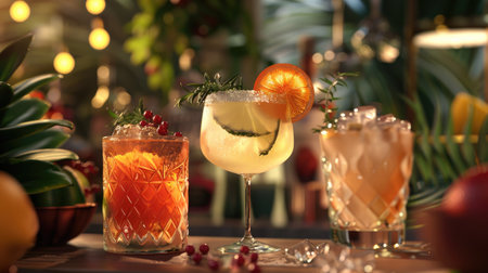 3D close-up of three diverse cocktails, emphasizing the details of their ingredients and garnishes with a focus on the visual appeal and texture of the drinks.の素材