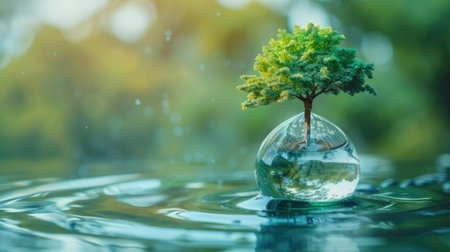 3D depiction of a tree growing inside a water droplet, representing water conservation efforts with this inviting photo.の素材