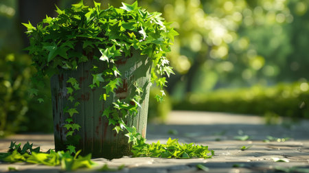 Abstract 3D rendering of a recycling bin with green foliage, promoting recycling practices with this inviting photo.の素材