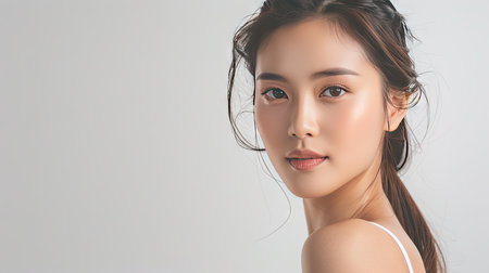 Beautiful Asian woman with smooth skin, posing on a white background. Facial treatment and beauty care theme. Room for text above.の素材