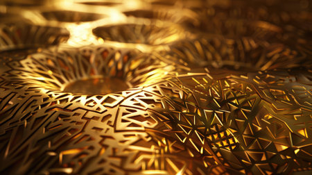 3D illustration of a golden background with complex, overlapping geometric patterns and a polished, radiant finish with this inviting photo.の素材