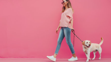 Cheerful woman walking with her Labrador Retriever dog, pink background providing spacious area for text at the top.の素材