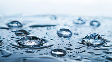 Crystal-clear water droplets resting on a reflective surface, with a calming water background. Suitable for designs with ample text copy space.の素材