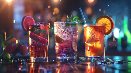 Close-up 3D view of three different cocktails, capturing the vibrant colors and detailed textures of each drink, with a focus on realistic and appealing presentation.の素材