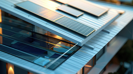 Detailed 3D close-up of a modern house's roof, highlighting the innovative design, solar panels, and cutting-edge construction techniques.の素材