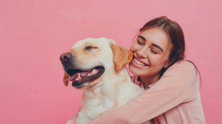 Happy woman hugging her cute Labrador Retriever dog against a pink background. Ample copy space above.の素材