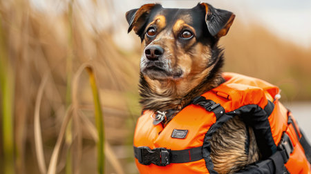 Adorable dog wearing a bright life jacket, ready for an adventure. Space for text above.の素材
