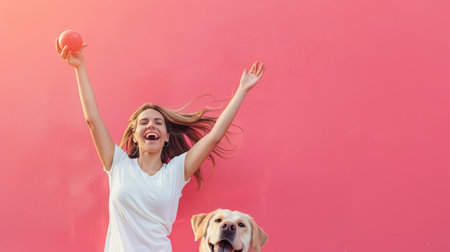 Happy woman and her Labrador Retriever dog playing fetch against a pink backdrop, with lots of space for text above.の素材