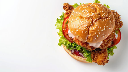 Aerial shot of a mouthwatering double chicken burger with crispy patties, fresh salad, and creamy sauce, isolated on a white background. Ideal for food advertising.の素材