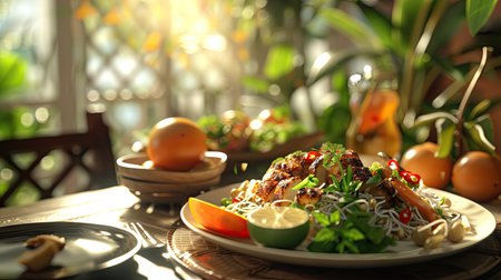 Ultra-detailed 3D render of a traditional Thai meal, focusing on Som Tum Thai and Grilled Chicken, highlighting the appetizing presentation with this inviting photo.の素材