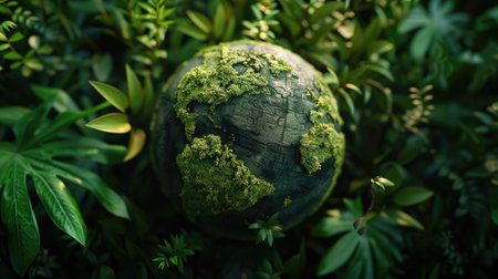 Modern 3D model of a globe surrounded by green foliage, representing global environmental protection with this inviting photo.の素材