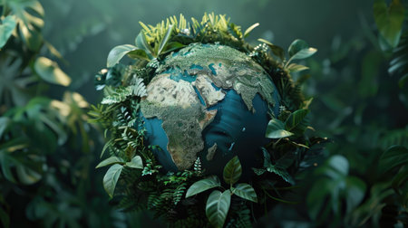 Modern 3D model of a globe surrounded by green foliage, representing global environmental protection with this inviting photo.の素材