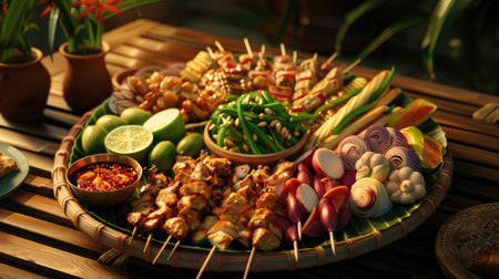Ultra-high-definition 3D render of a Thai food platter featuring Som Tum Thai and Grilled Chicken, highlighting the fresh ingredients and intricate presentation with this inviting photo.の素材