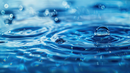 Macro shot of glistening water droplets on a blue surface with ripples in the background. Perfect for text copy space in a tranquil setting.の素材