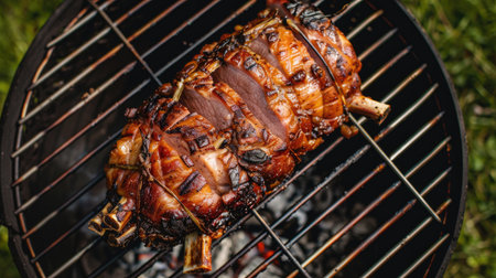 Top view of a beautifully roasted suckling pig on a barbecue grill, with golden, crispy skin. Perfect for BBQ event promotions.の素材