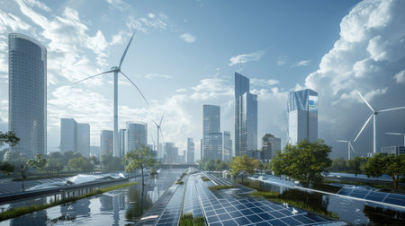 Realistic 3D rendering of a city skyline with wind turbines and solar panels, promoting sustainable energy with this inviting photo.の素材