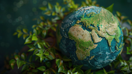Stylized 3D rendering of a globe with green foliage, emphasizing global conservation with this inviting photo.の素材