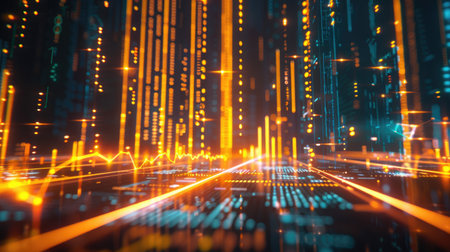 Stylized 3D model of financial data charts with symbols and glowing lines on a futuristic background with this inviting photo.の素材