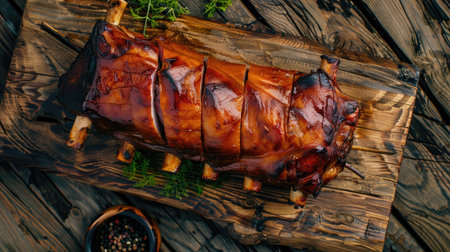 Whole barbecued suckling pig served on a wooden board, viewed from top, with a golden-brown, crispy exterior. Great for gourmet food visuals.の素材