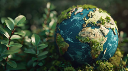 Stylized 3D rendering of a globe with green foliage, emphasizing global conservation with this inviting photo.の素材