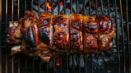 Top view of a beautifully roasted suckling pig on a barbecue grill, with golden, crispy skin. Perfect for BBQ event promotions.の素材