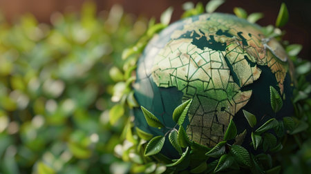 Stylized 3D rendering of a globe with green foliage, emphasizing global conservation with this inviting photo.の素材