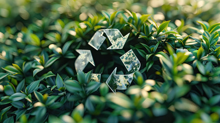 Stylized 3D rendering of a recycling symbol surrounded by green foliage, emphasizing recycling practices with this inviting photo.の素材