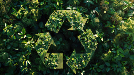 Stylized 3D rendering of a recycling symbol surrounded by green foliage, emphasizing recycling practices with this inviting photo.の素材