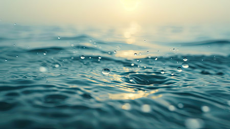 Tiny water droplets on a smooth surface, with a serene water background creating a calming effect. Suitable for text copy space.の素材
