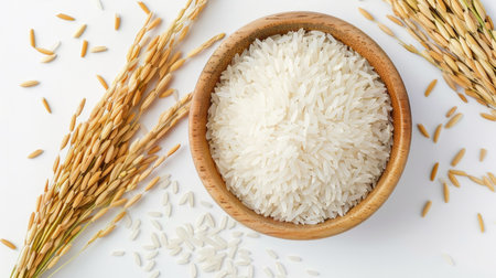 Top view of unmilled rice, white Jasmine rice in a wooden bowl, and an ear of rice, isolated on white. Perfect for highlighting traditional rice cultivation.の素材