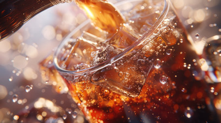 Ultra-detailed 3D render of cola pouring into a glass of ice, focusing on the sparkling carbonation and frosty ice cubes with this inviting photo.の素材